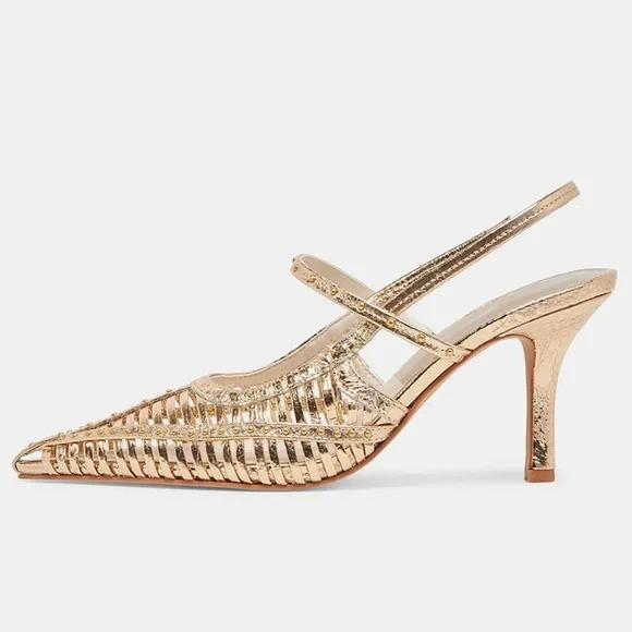 🆕 Dolce Vita Distressed Gold Strap Cage Leather Slingback Pointed Toe Heels 9.5 - Picture 7 of 17